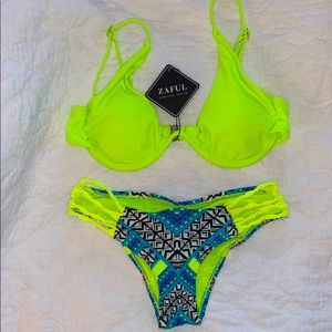 NWT Zaful bikini top rip curl bottom neon yellow